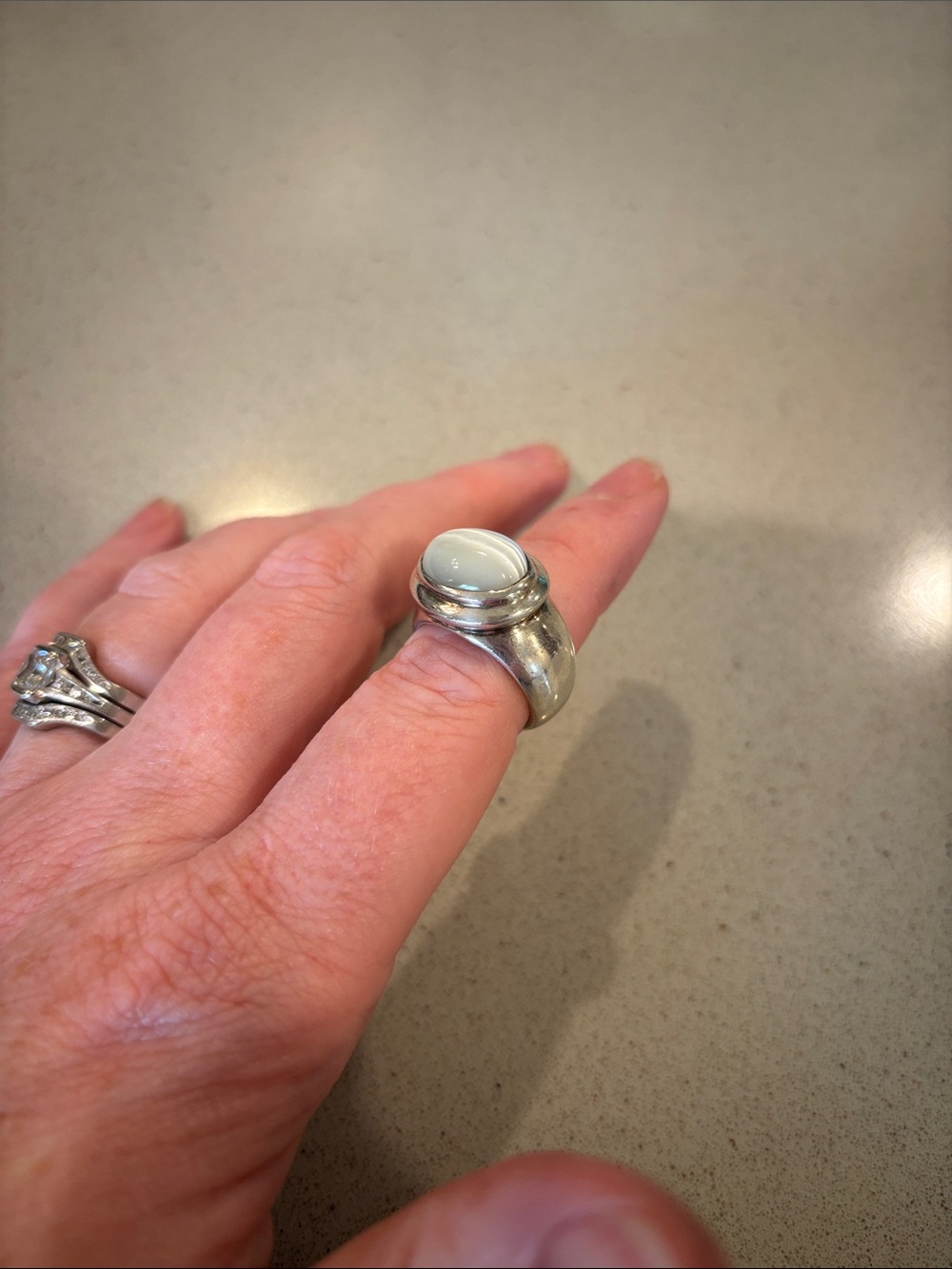 Sterling Silver 925 Mother of Pearl/Moonstone Cabochon Women's Ring Size 6